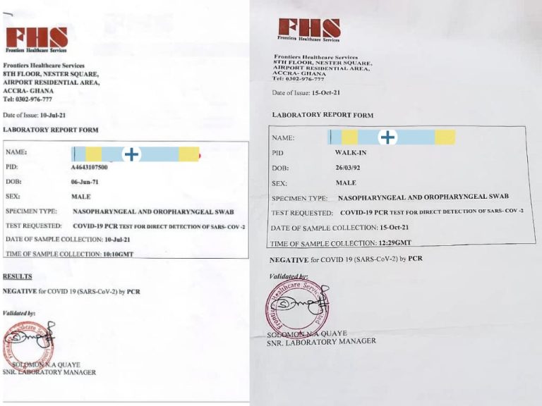 Left: genuine COVID-19 certificate acquired by a traveller
Right picture: Fake COVID-19 picture acquired by the Fourth Estate Undercover Agent