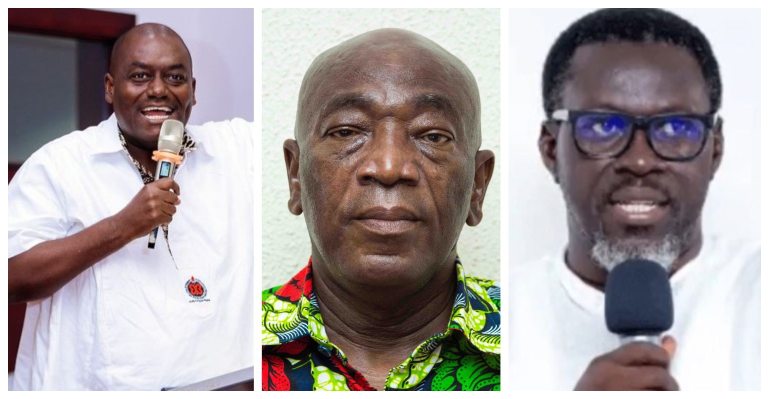 The leaders of the labour unions – Isaac Bampoe Addo (left) (Chairman, Forum for Public Sector Associations and Unions; Joshua Ansah (middle), Secretary General TUC and Kenneth Koomson (right), Deputy Secretary General, Ghana Federation of Labour.– have given the government an ultimatum to deal with the illegal mining menace